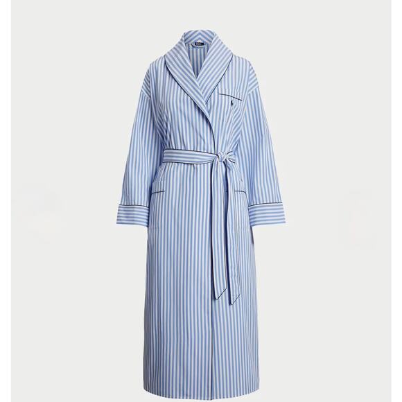 Polo Ralph Lauren Robe Sz S/M Heritage Cotton Poplin Blue White Stripe Pony Logo - Picture 2 of 11